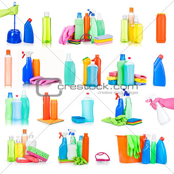 collection of various sanitary hygiene bottles on white background. each one is shot separately