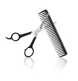comb and scissors with reflection on isolated white background
