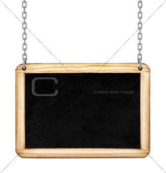 crayon drawing board hanging on a chain isolated on white backgr
