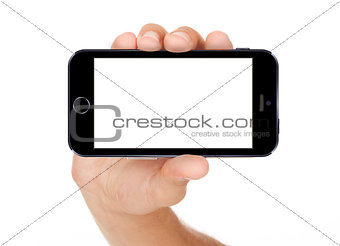 Hand holding smart phone isolated on white background