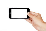 Hand holding smart phone isolated on white background