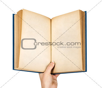 hand holding an open book in an empty vintage blue cover on a wh