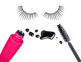 makeup accessories, tube and a brush of mascara and false eyelas