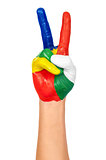 painted hand showing peace gesture