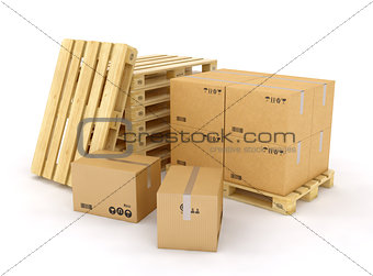 Cardboard boxes on pallet on white background