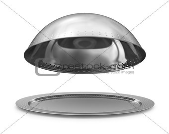 Restaurant cloche with open lid. 3d illustration