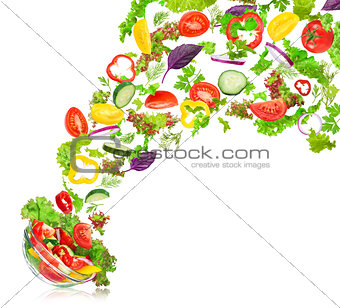 Fresh mixed vegetables falling into a bowl of salad on an isolat