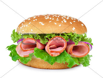 ham, lettuce, onions on a sandwich with sesame seeds isolated on