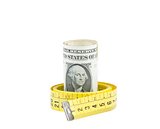 rolled up dollars inside measure tape on white background, concept for business and save money