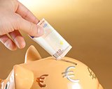 hand inserting a fifty euro banknote into a piggy bank, concept for business and save money