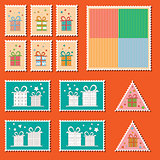 Large set of colorful CHristmas postage stamps. Vintage New Year decoration elements.
