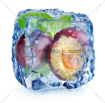 Plums in ice cube