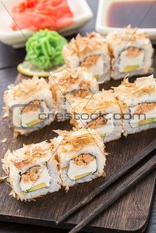 Sushi rolls with salmon teriyaki