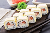 Sushi rolls with shrimps and cheddar cheese