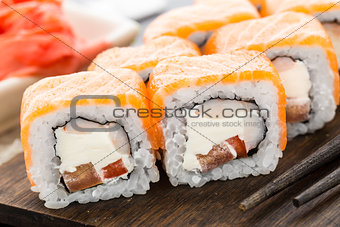 Sushi roll with salmon and shrimp