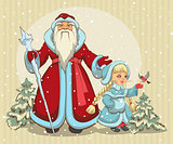 Russian Santa Claus. Grandfather Frost and Snow Maiden. Christmas card