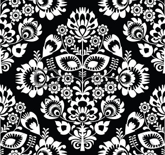 Polish folk art white seamless pattern on black - wzory lowickie, wycinanki