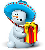 snowman in a sombrero with gift
