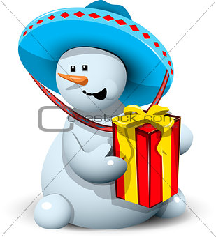 snowman in a sombrero with gift