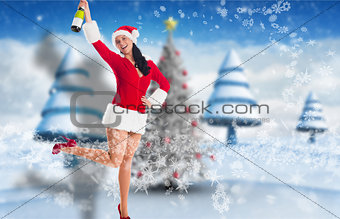 Composite image of woman smiling with champagne bottle