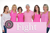 Composite image of happy women wearing pink for breast cancer awareness