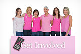 Composite image of smiling women posing with pink tops for breast cancer awareness