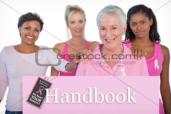 Composite image of supportive group of women wearing pink tops and breast cancer ribbons