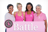 Composite image of smiling women wearing pink tops and breast cancer ribbons