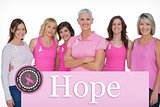 Composite image of enthusiastic women posing with pink tops for breast cancer