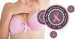 Composite image of woman in bra with breast cancer awareness ribbon