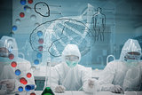 Composite image of chemists working in protective suit with futuristic interface showing dna
