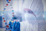 Composite image of scientist in protective suit analyzing pills