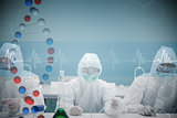 Composite image of chemists working in protective suits