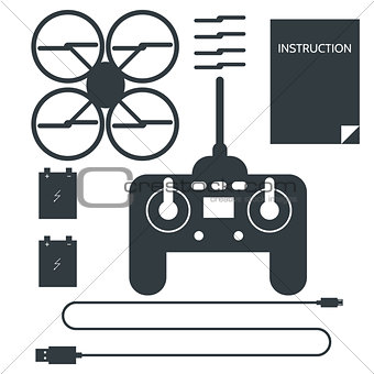 Complete set for quadrocopter. Flat icons vector collection.