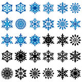 Set of thirty blue and black snowflakes