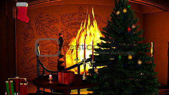 Christmas Tree with Gifts and Candles near Fireplace 
