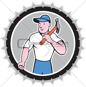 Builder Carpenter Holding Hammer Rosette Cartoon