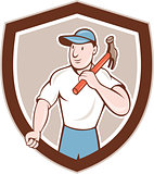 Builder Carpenter Holding Hammer Shield Cartoon