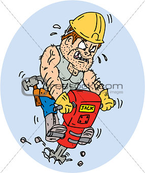 Construction Worker Jackhammer Drilling Cartoon