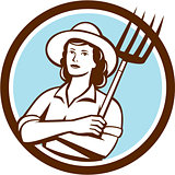 Female Organic Farmer Pitchfork Circle Retro