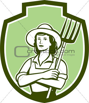 Female Organic Farmer Pitchfork Shield Retro