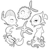 Funny sea animals in black and white