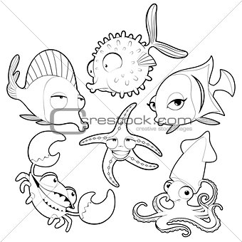 Funny sea animals in black and white