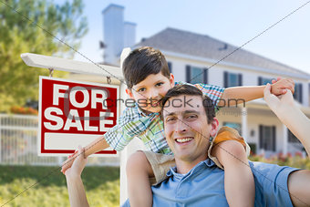 Mixed Race Father, Son Piggyback, Front of House, Sale Sign