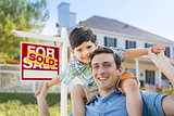 Mixed Race Father, Son Piggyback, Front of House, Sold Sign
