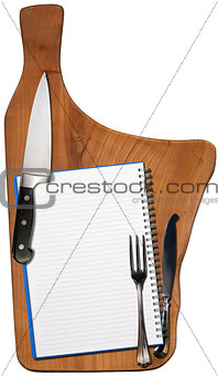 Empty Notebook on Wooden Cutting Board