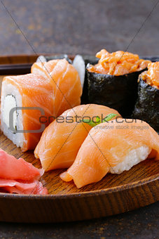 menu of assorted sushi with salmon - Traditional Japanese cuisine