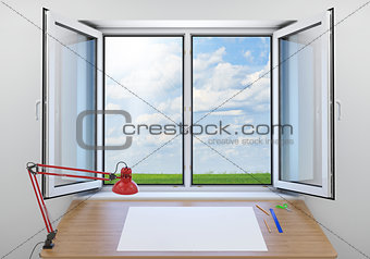 Open window. Green meadow on background. In room are located wooden table with paper sheet, pencil and lamp
