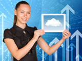Beautiful businesswoman holding tablet with clouds on screen. Arrows and figures