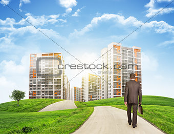 Businessman walks on road. Rear view. Buildings, grass field and sky in background